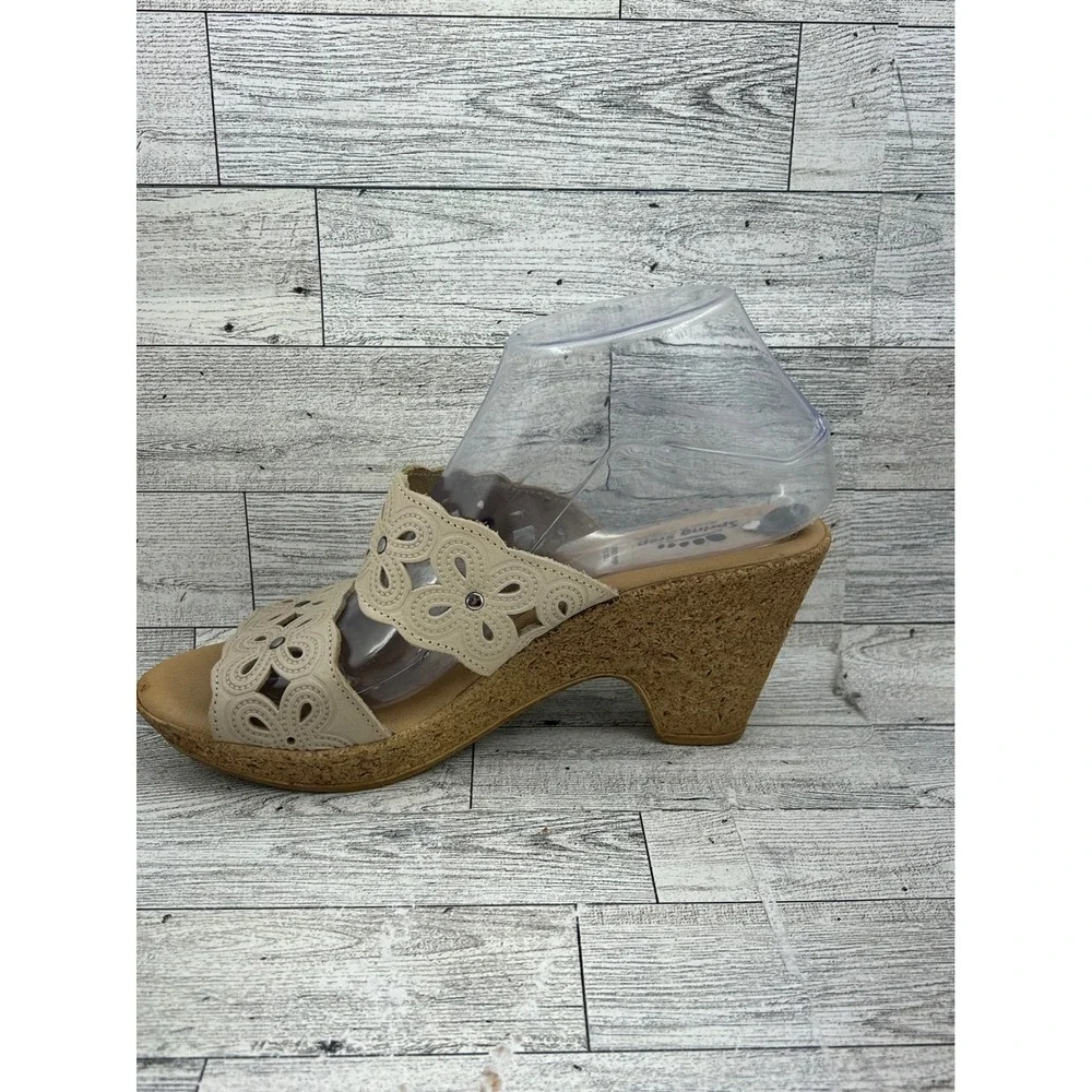 Spring Step Women Beige Leather Laser Cut Floral Wedge Slide Sandals Italy Sz 38